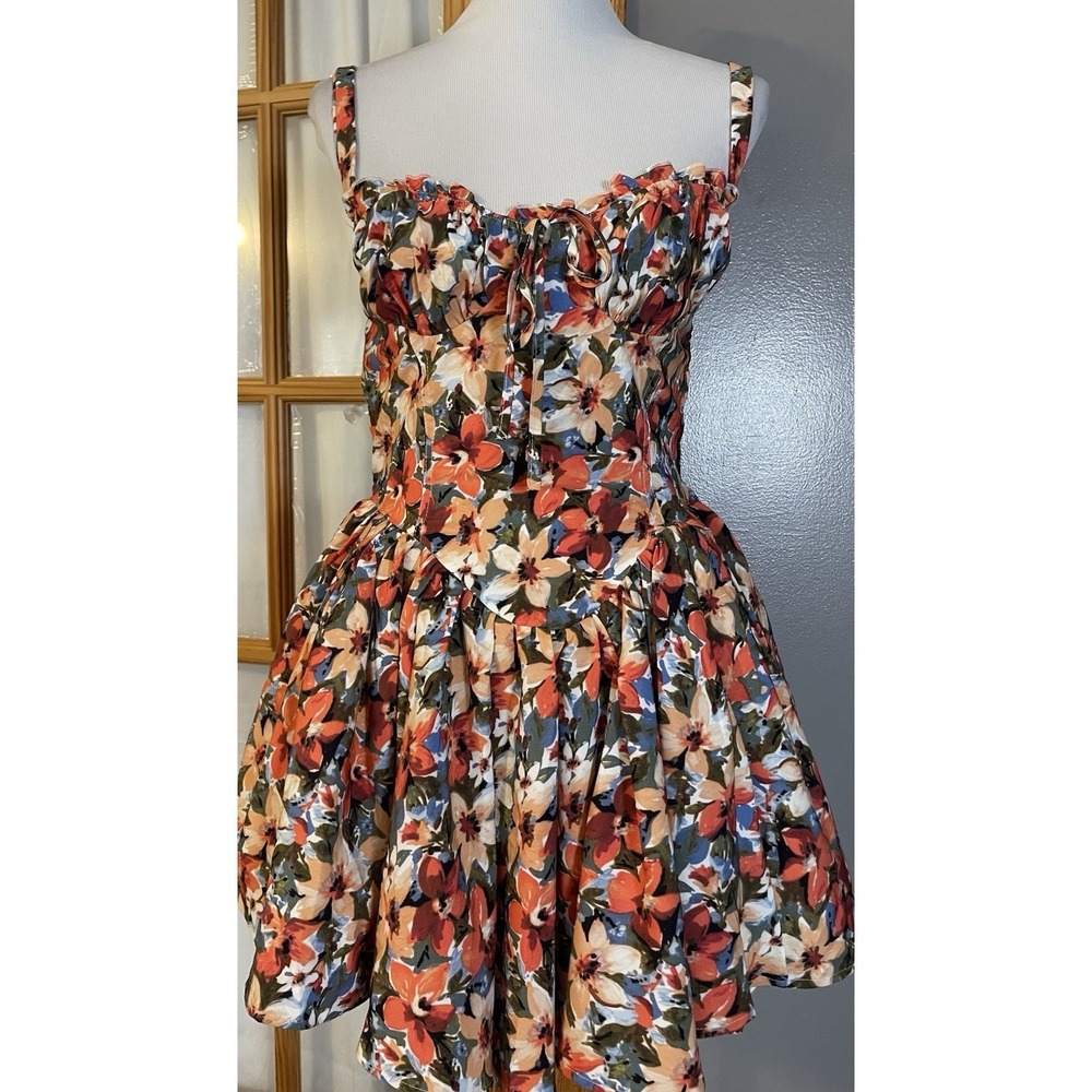 Babydoll Floral Mini Sundress Sz L Sweetheart Neck Smocked From Tie Orange City - Picture 2 of 15